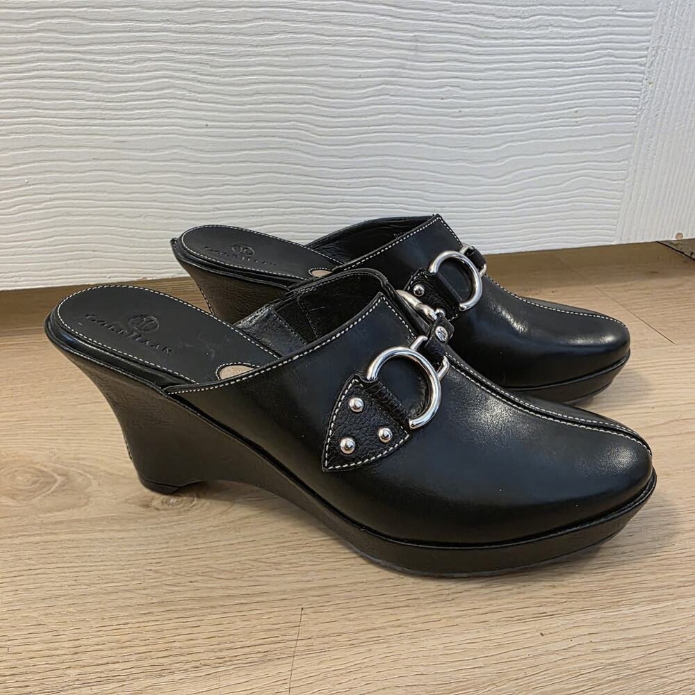 Cole Haan‎ Black Leather Silver Chain Classic Contemporary Wedge Mules Size 8B